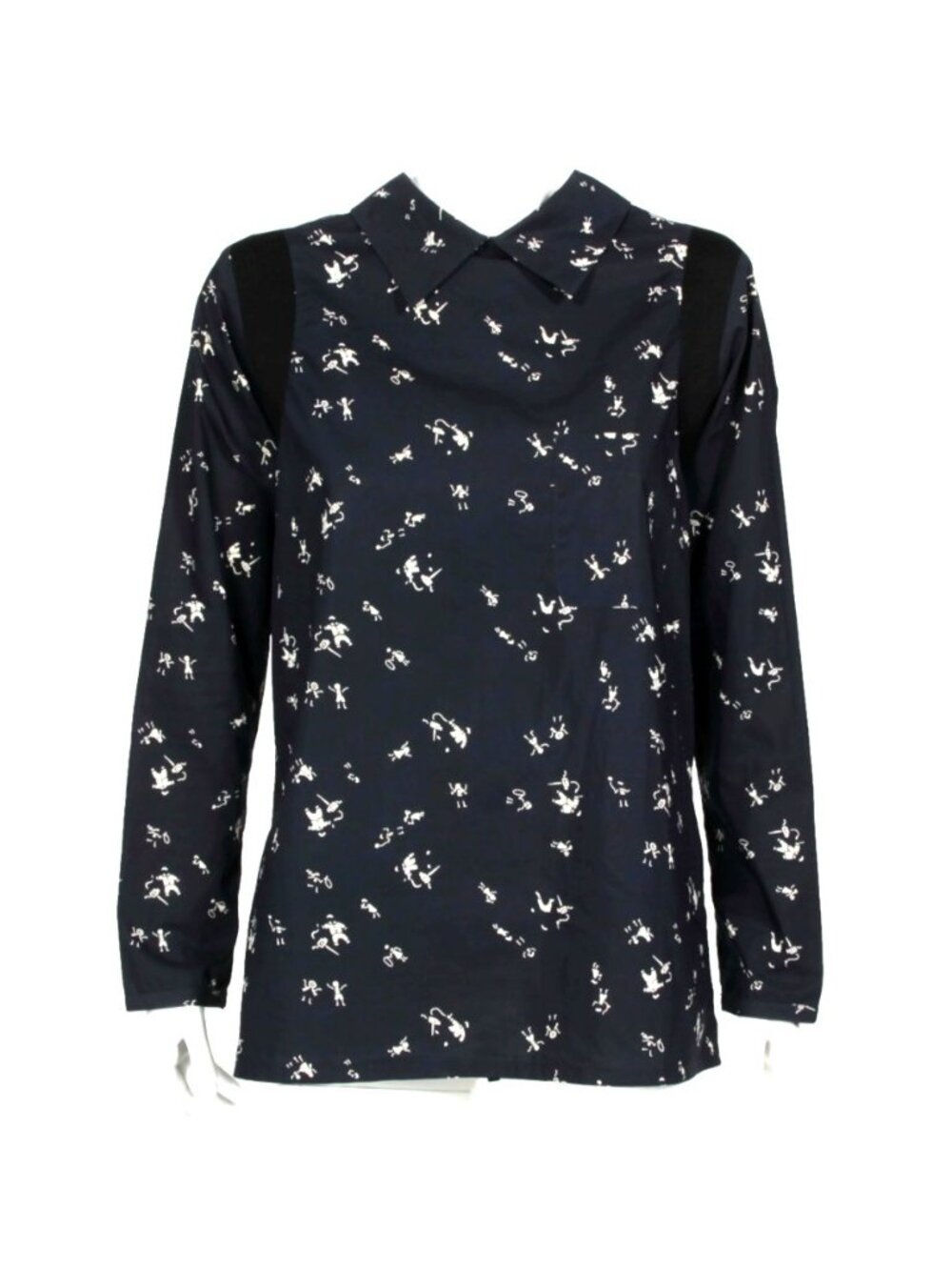 MARNI Navy Blue Wihte Illustration Playful Design Peter Pan Collar Top sz 40 838